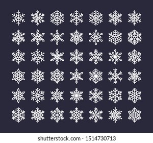 Snowflake flat icons set. Collection of cute geometric stylized snowfall. Design element for christmas or new year card, winter ornament. Frozen white snow silhouette on blue background