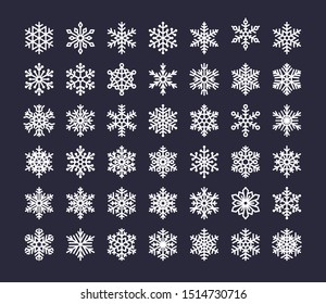 Snowflake flat icons set. Collection of cute geometric stylized snowfall. Design element for christmas or new year card, winter ornament. Frozen white snow silhouette on blue background