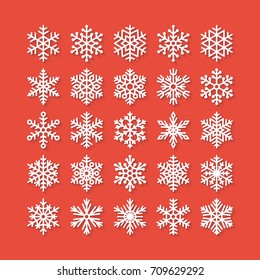 Snowflake flat icons set. Collection of cute geometric snowflakes, stylized snowfall. Design element for christmas or new year card, winter ornament. Frozen snow flakes silhouette on red background.