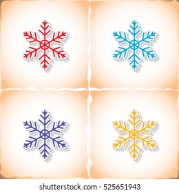 Snowflake. Flat sticker with shadow on old paper. Vector illustration