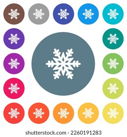 Snowflake flat white icons on round color backgrounds. 17 background color variations are included.