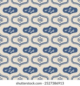 Snowflake and floral garland oggi seamless pattern. Winter damask endless background. Vector hand drawn flat illustration.