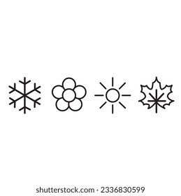 Copo de nieve, flor, sol y hojas que representan las cuatro estaciones sobre un fondo blanco con espacio de copia