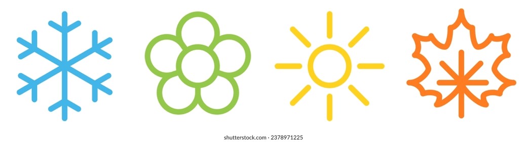 Snowflake, flower, sun and maple leaf line icons
