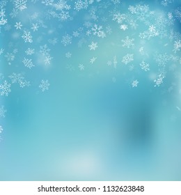 Snowflake flying, card or banner with snow elements, flakes confetti scatter. Cold weather winter symbols. EPS 10