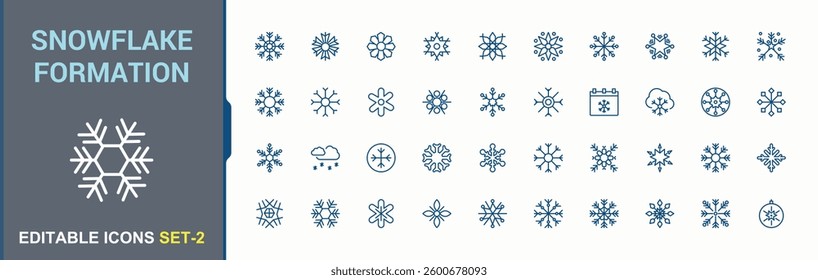 Snowflake Formation icon set. Included holiday, flake, december, snowflake, frozen, frost, winter and more. Snow Flake simple icon set. Minimalist linear icons. Pixel perfect. Editable vector.