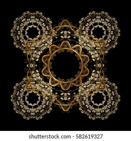 Snowflake frame. Christmas frame with abstract golden snowflakes and dots on black background. Vector illustration.