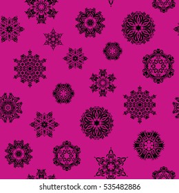 Snowflake frame. Christmas frame with abstract snowflakes and dots on magenta background. Vector illustration.