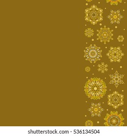 Snowflake frame. Christmas frame with abstract snowflakes and dots on brown background. Vertical vector illustration with copy space (place for your text).