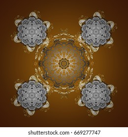 Snowflake frame. Christmas frame with abstract snowflakes and dots on brown background. Vector illustration.