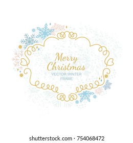 Snowflake frame, decoration on white background, Christmas design for invitation, greeting card or postcard. Vector illustration, merry xmas snow flake framework