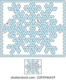 Snowflake in the frame maze. Labyrinth medium level of difficulty for family activities and leisure. Simple vector style puzzle with solution.