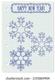 Snowflake and a frame with New Year greetings. Winter holidays vector illustration in blue over squared notebook page.