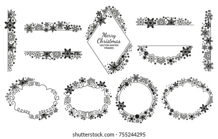 Snowflake frame set, black-white, Christmas design collection. Vector illustration, merry xmas flake framework
