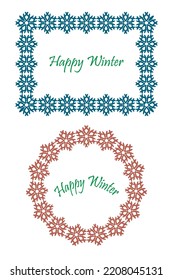Snowflake frame set. Ornamental border. Winter holidays design for web card, label, invitation. Text space. Vector illustration