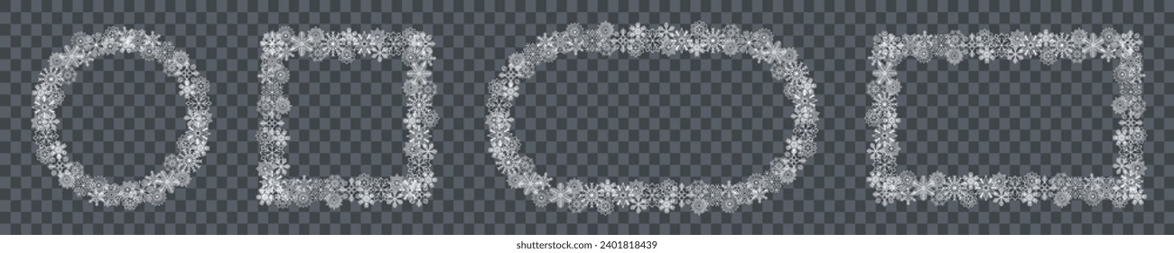 Enfoque de copo de nieve, copos de nieve con marco blanco, borde de hielo, demarcación de la nieve de Navidad, borde de muchos copos de nieve