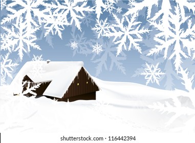 snowflake framed winter landscape with log house