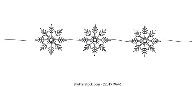 Snowflake garland vector one line continuous illustration.Winter holiday freehand drawing.Hand drawn linear icon.Festive design for print, banner, poster, postcard, Christmas, New Year greeting card.
