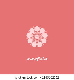 Snowflake Geometric Symbol Vector Illustration. Stylish Logo, Emblem Design. Original White Sign and Text on Coral Texture