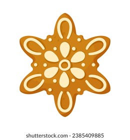 Snowflake Gingerbread Cookie as Winter Homemade Sweet Snack with Sugar Glaze Vector Illustration