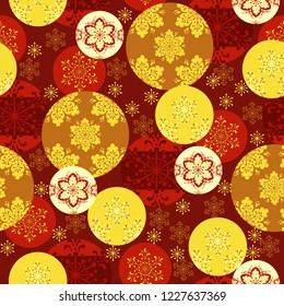 Snowflake or gingerbread decorate and Christmas ball for winter or Christmas festival and Chinese new year seamless pattern vector background with red gold theme