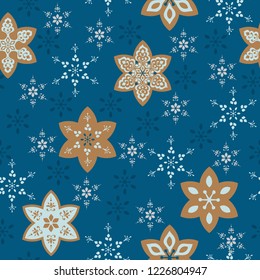 Snowflake or gingerbread decorate and tree for winter or Christmas festival seamless pattern vector background with blue and brown theme