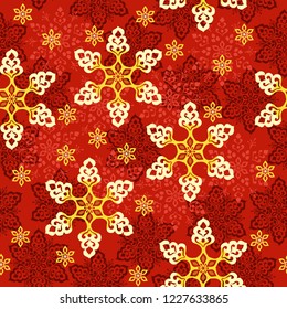 Snowflake or gingerbread decorate for winter or Christmas festival seamless pattern vector background with red gold theme