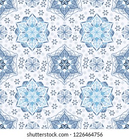  Snowflake or gingerbread decoration seamless pattern for winter or Christmas festival white and blue tone