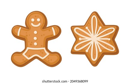 Hombre de copo de nieve y pan de jengibre como juego de vectores de galletas con forma de horneado y flores de Navidad