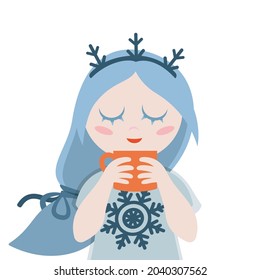 Snowflake girl holding mug of hot drink. Winter fictional character in cartoon style