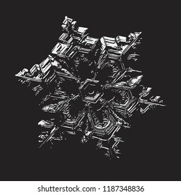 Snowflake glittering on black background. This vector illustration based on macro photo of real snow crystal: beutiful star plate with six short, broad arms, shiny surface and elegant inner structure.