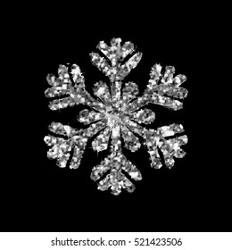 Snowflake glittering winter isolated on black background. Silver icon silhouette. Vector illustration for Christmas design. New Year sign. Symbol of celebration.