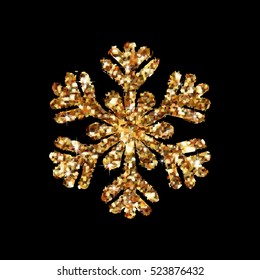 Snowflake glittering winter isolated on black background. Golden icon silhouette. Vector illustration for Christmas design. New Year sign. Symbol of celebration.