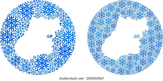 Schneeflocke Goias-Staatskollektion mit Kreis und geschnitzter Form. Vector Goias State Karte Sammlung von Schneeflocken Objekte in variabler Größe und blauen Farbtöne. Für Neujahrsanwendungen erstellt.