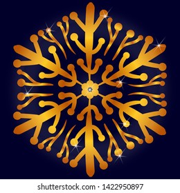 Snowflake of gold color with a gradient in the style of hand-drawing on a dark blue background. For the design of cards for the winter theme, New Year's invitations, print fabrics.