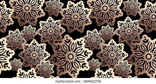 Snowflake gold foil seamless pattern. Snow pattern with luxury snowflakes. Festive Christmas and New Year background. Winter vector stock illustration