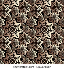 Snowflake gold foil seamless pattern. Snow pattern with luxury snowflakes. Festive Christmas and New Year background. Winter vector stock illustration