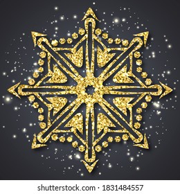Fondo de textura de brillo de oro de copo de nieve. Decoración navideña, copo de nieve dorado con brillo brillante. Antecedentes de Navidad y Año Nuevo. Ilustración de material vectorial