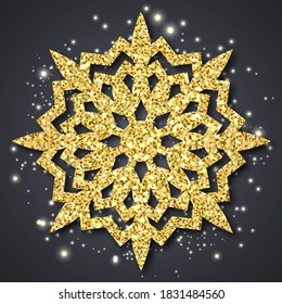 Fondo de textura de brillo de oro de copo de nieve. Decoración navideña, copo de nieve dorado con brillo brillante. Antecedentes de Navidad y Año Nuevo. Ilustración de material vectorial
