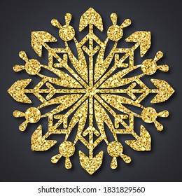 Snowflake gold glitter texture background. Christmas decoration, golden snowflake with bright glitter. Christmas and New Year background. Vector stock illustration