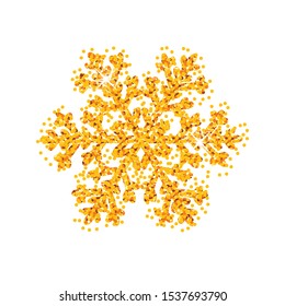 Snowflake with gold glitter texture. Christmas, New Year golden glittering ornament decoration on transparent background with shining sparkling light effect.