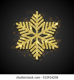 Snowflake with gold glitter texture. Christmas, New Year golden glittering ornament decoration on black background with shining sparkling light effect. Vector isolated icon