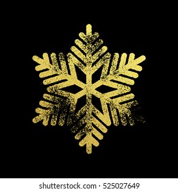 Snowflake with gold glitter texture. Christmas, New Year golden glittering ornament decoration on black background with shining sparkling light effect. Vector isolated icon on white background