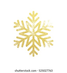 Copo de nieve con textura de brillo dorado. Navidad, Año Nuevo dorado brillantes adornos adornados con fondo blanco con brillante efecto luminoso. Icono aislado del vector