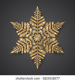 Snowflake with gold glitter texture and shadow on black background. Christmas and New Year holiday decor. Vector illustration.