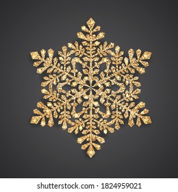Copo de nieve con textura brillante dorada y sombra sobre fondo negro. Decoración de Navidad y Año Nuevo. Ilustración vectorial.
