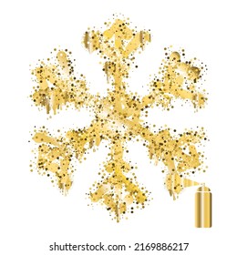 Snowflake gold graffiti icon. Grunge golden spray snow flake, metallic aerosol blots snow symbol, gold stains and dots snowflake