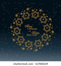 Snowflake gold Mandala. Holiday greeting Happy New Year Christmas with snowflake background. Vector illustration