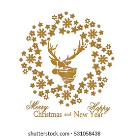 Snowflake gold Mandala. Holiday greeting with snowflake background.The head of a deer with horns like a logo, emblem. Vector illustration.