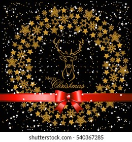 Snowflake gold Mandala. Holiday greeting with snowflake background.The head of a deer with horns like a logo, emblem. Gold stars as decoration.Red festive ribbon with a bow. Vector illustration